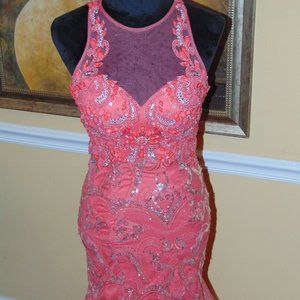 Formal Sleeveless Coral Beaded/Sequin/Stones Dress